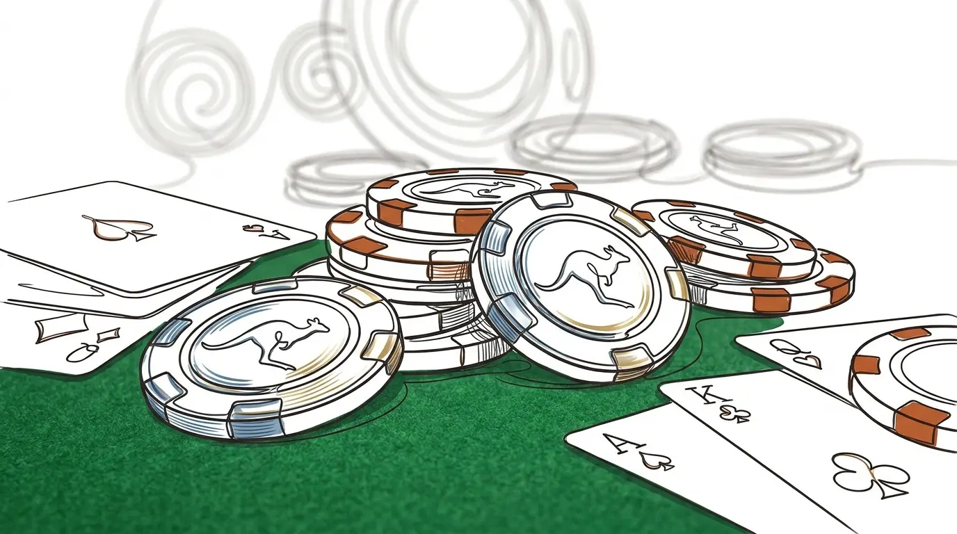Casino chips and cards with Australian themed elements on felt table