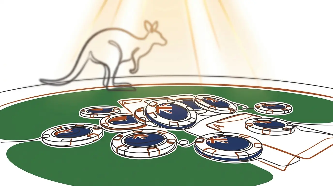 Casino chips and cards with Australian themed elements on felt table