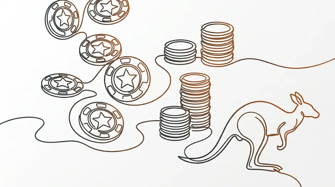 Casino chips and coins arranged with Australian themed elements