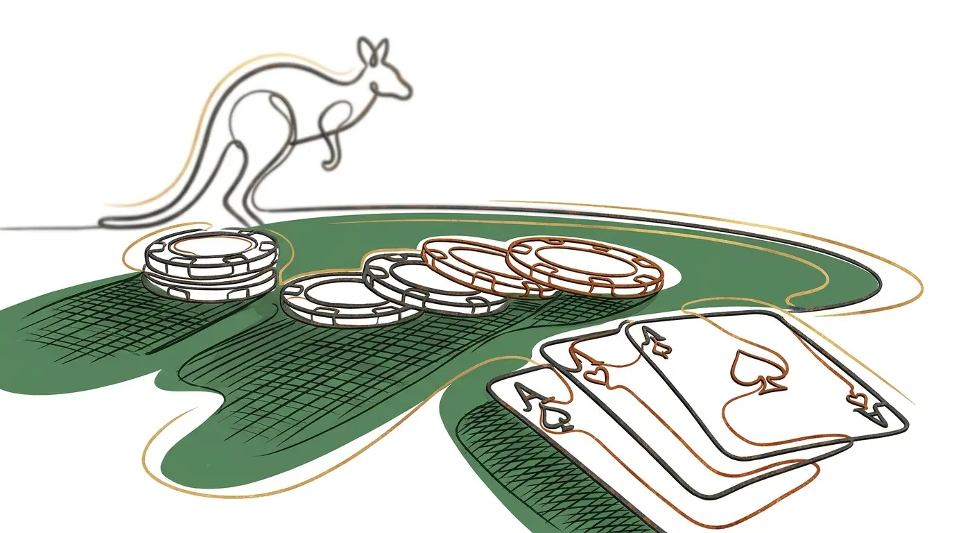 Casino chips and cards with Australian kangaroo silhouette background