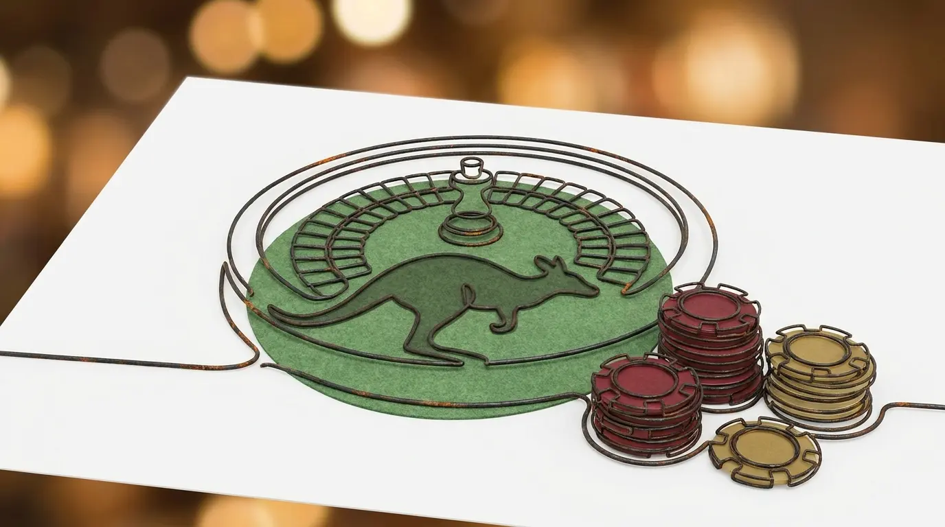 Roulette wheel with Australian kangaroo shadow and colorful casino chips