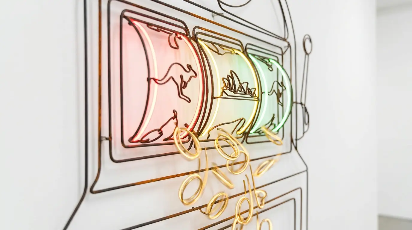 Spinning slot machine with Australian symbols and golden coins