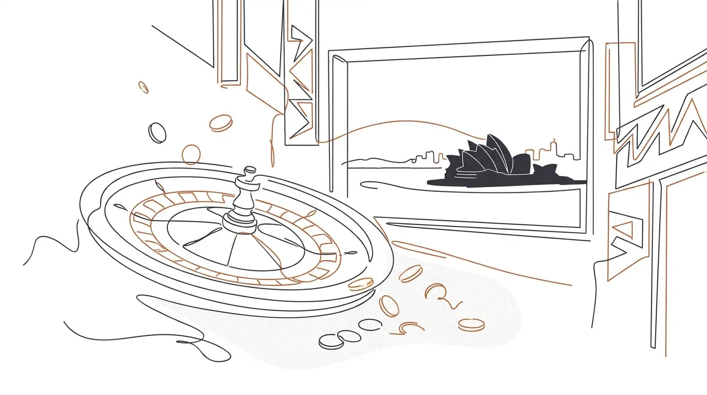 Roulette wheel and coins with Sydney skyline in background