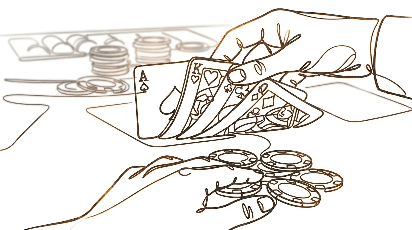 Close-up of blackjack cards with player's hand making strategic decision