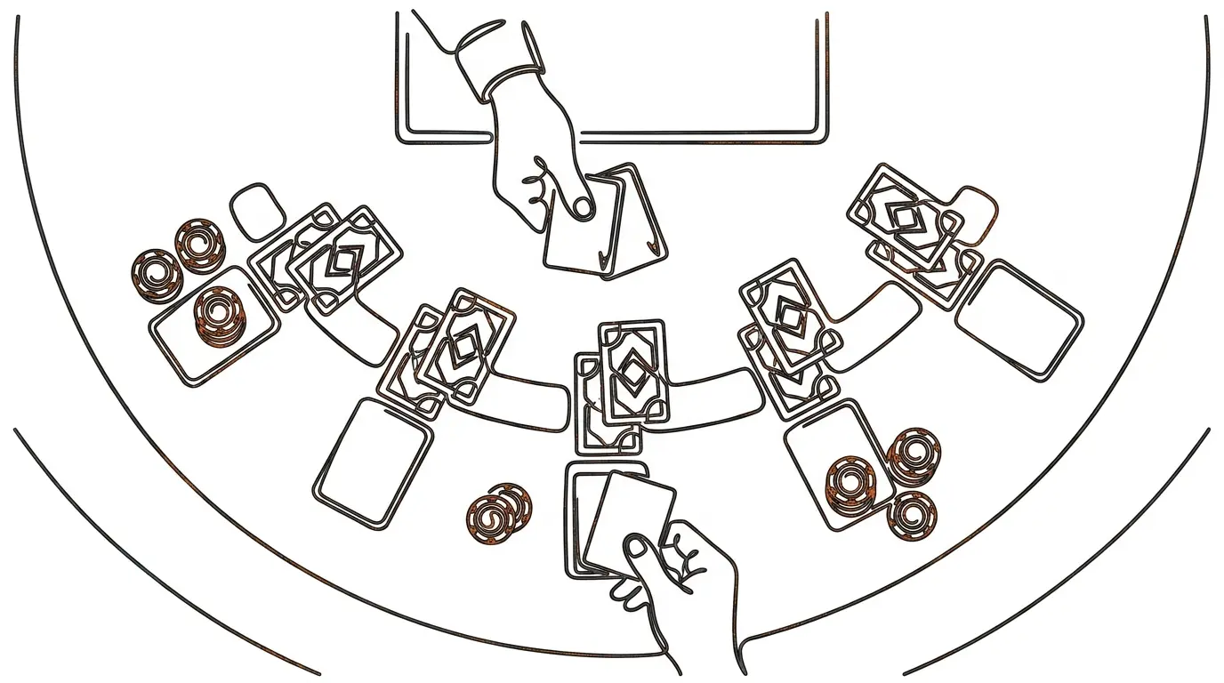 Overhead view of blackjack table with cards and chips arranged strategically