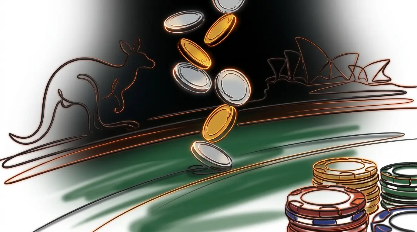 Gold coins cascading on casino table with Australian themed elements