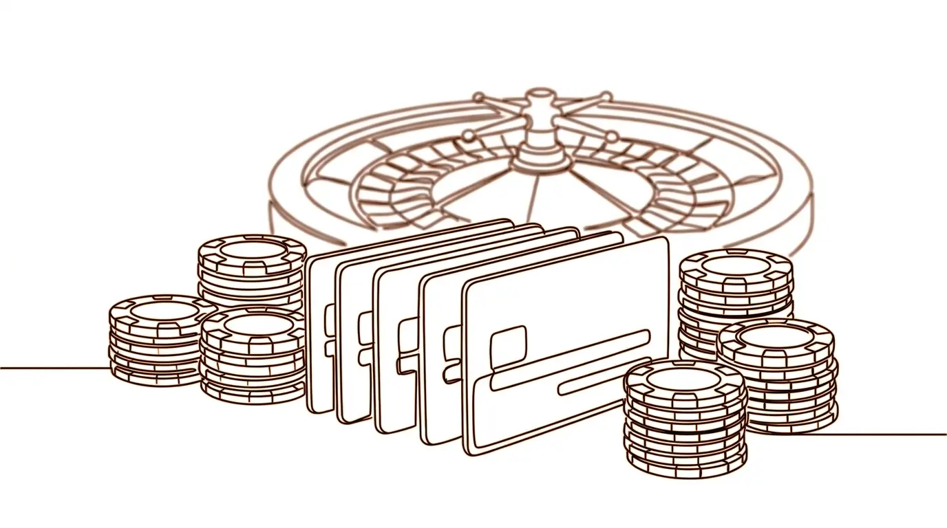 Credit cards and poker chips on casino table with warm lighting