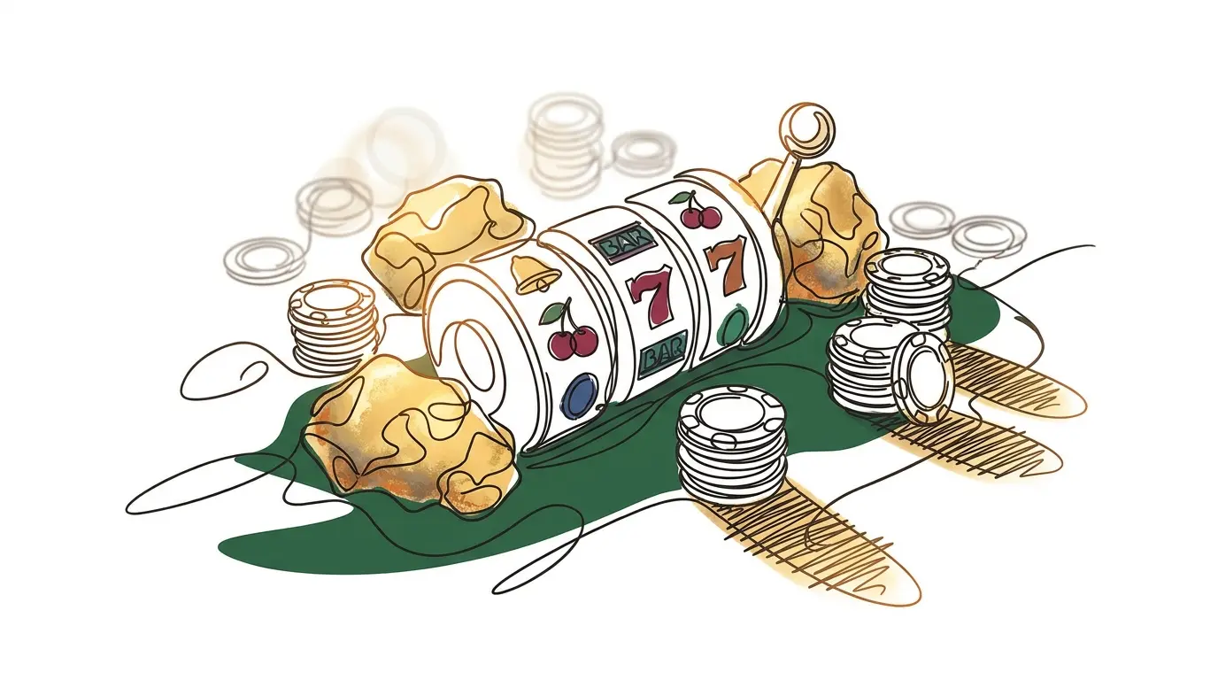 Gold nuggets with poker chips and slot reels on casino felt