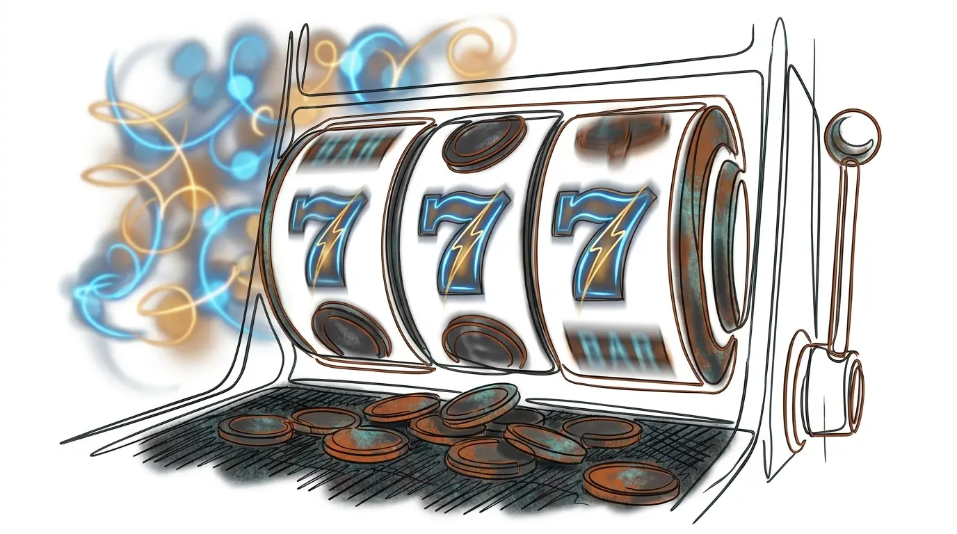 Lightning-themed slot machine with spinning reels and casino coins