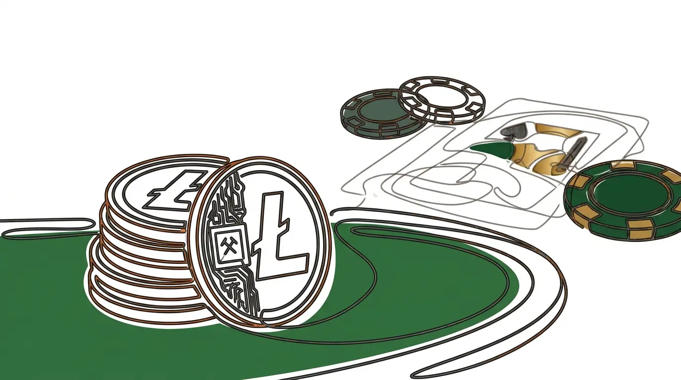 Litecoin coins stacked on casino table with Australian-themed chips