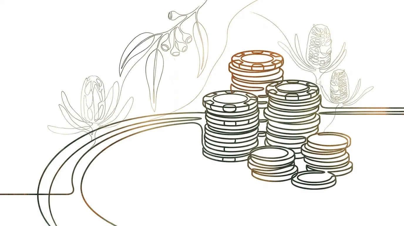 Casino chips and coins on gaming table with Australian theme