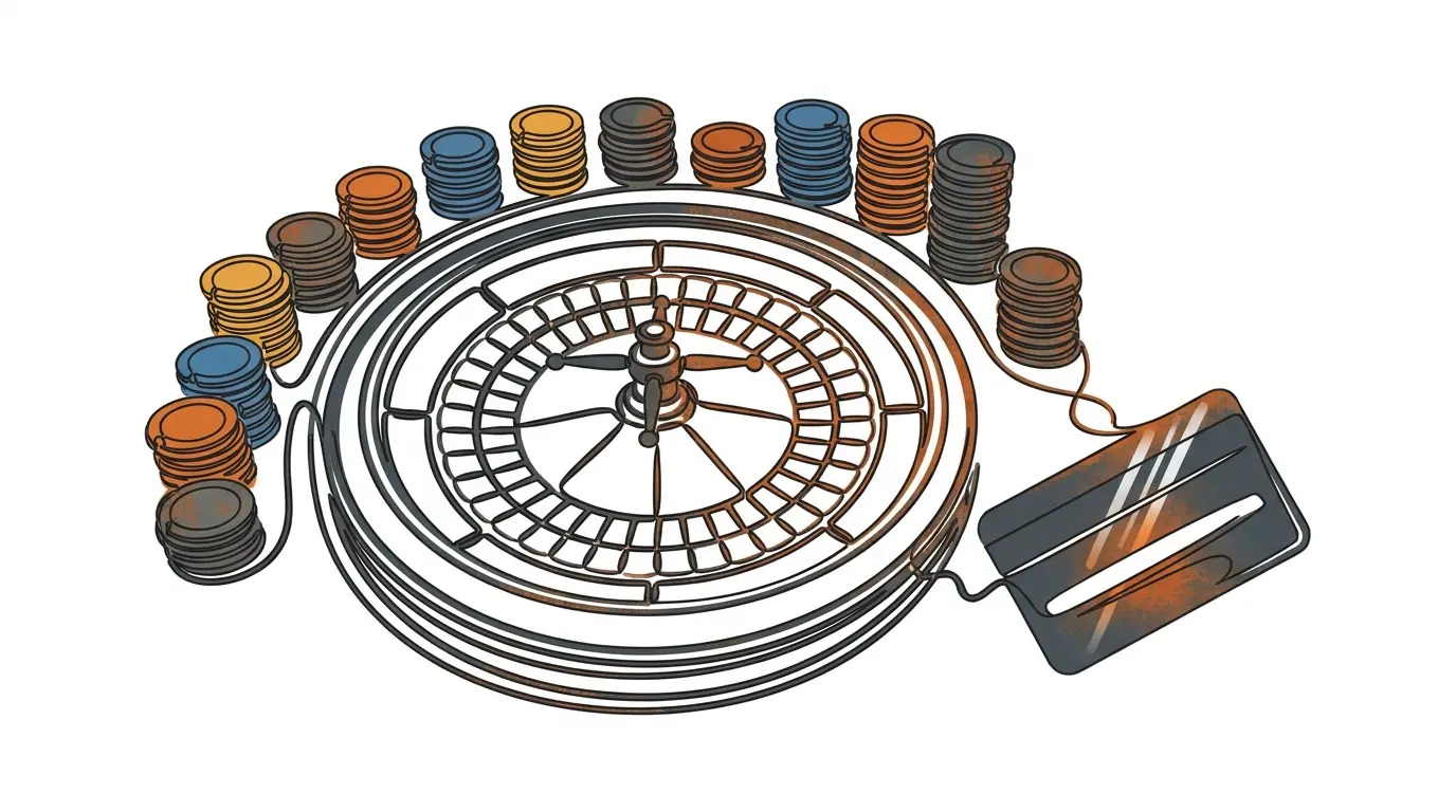 Roulette wheel with casino chips and payment card