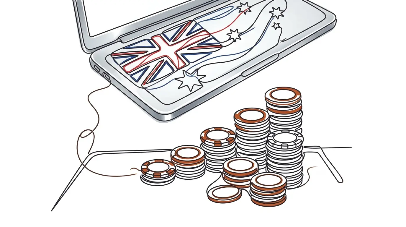 Gaming chips and coins with Australian colors on felt surface