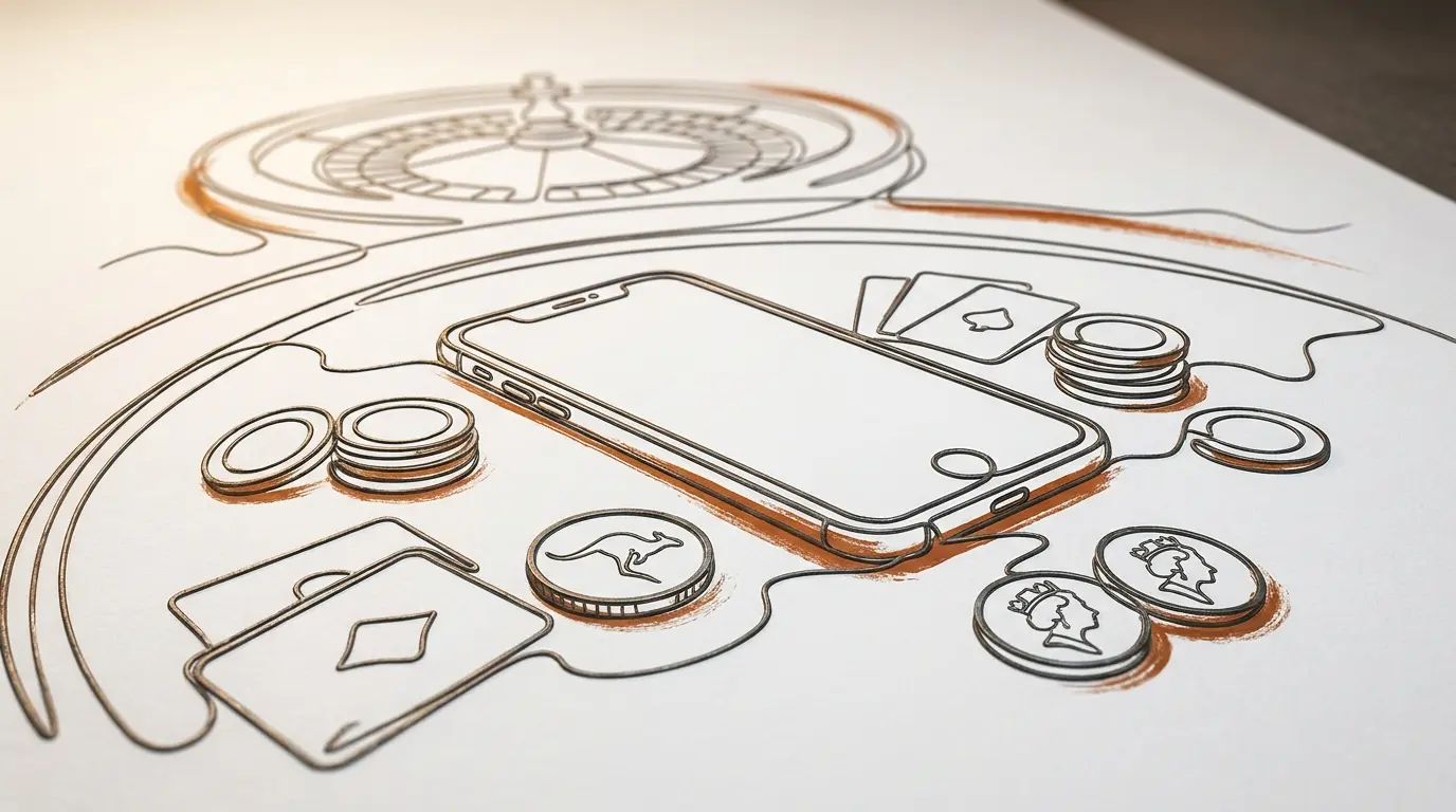 Smartphone with casino chips and Australian coins on gaming table