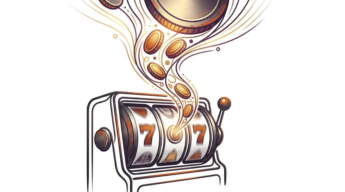 Coins streaming upward from spinning slot reels toward massive jackpot