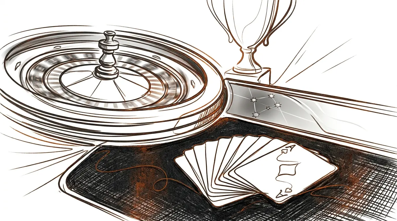 Spinning roulette wheel with cards and trophy
