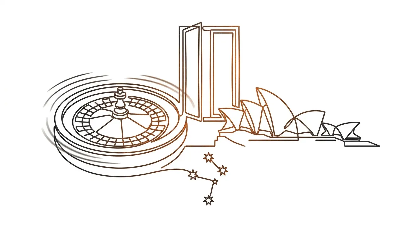 Roulette wheel with iconic Australian landmarks in background