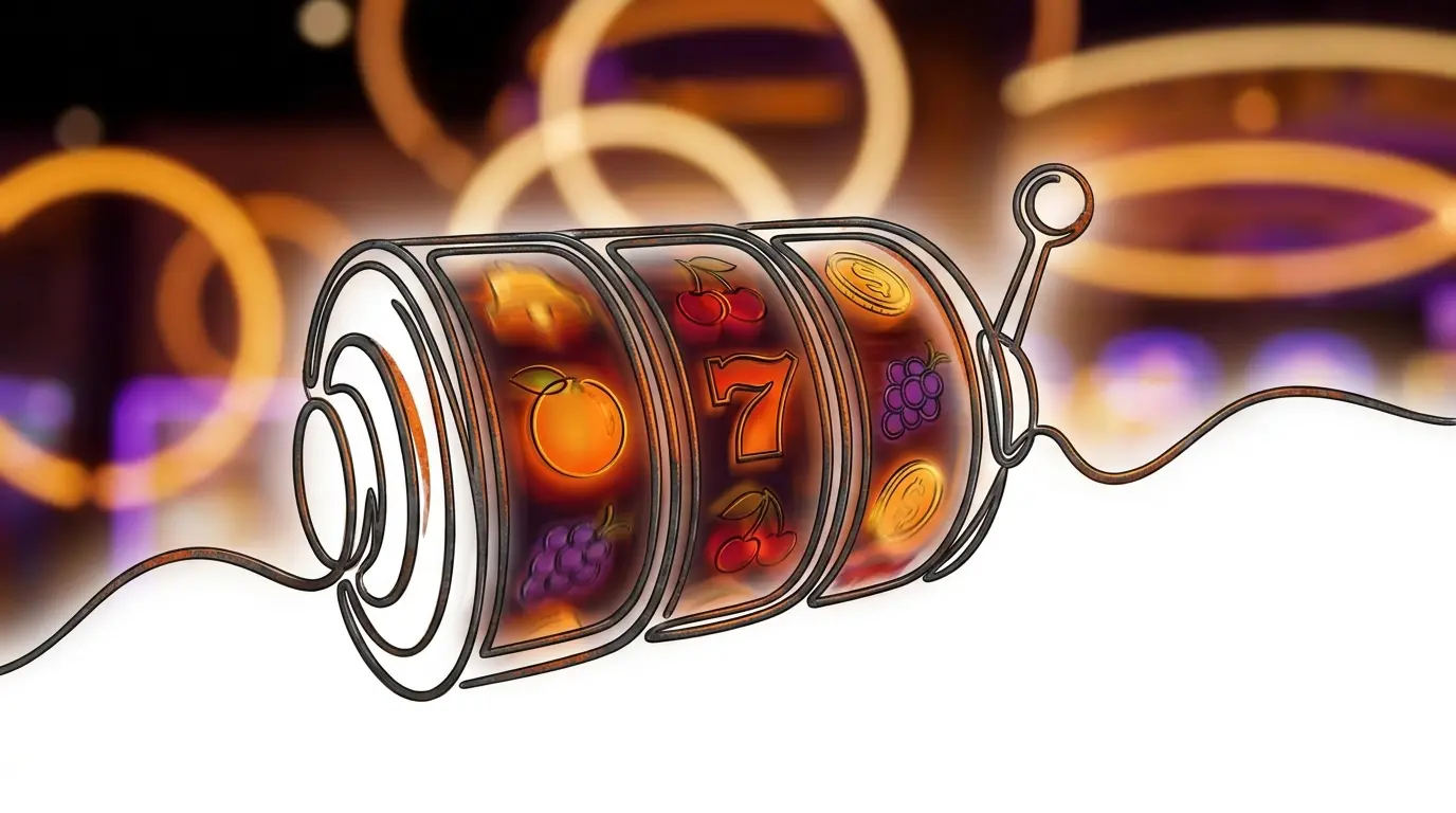 Spinning slot machine reels with golden coins in warm lighting