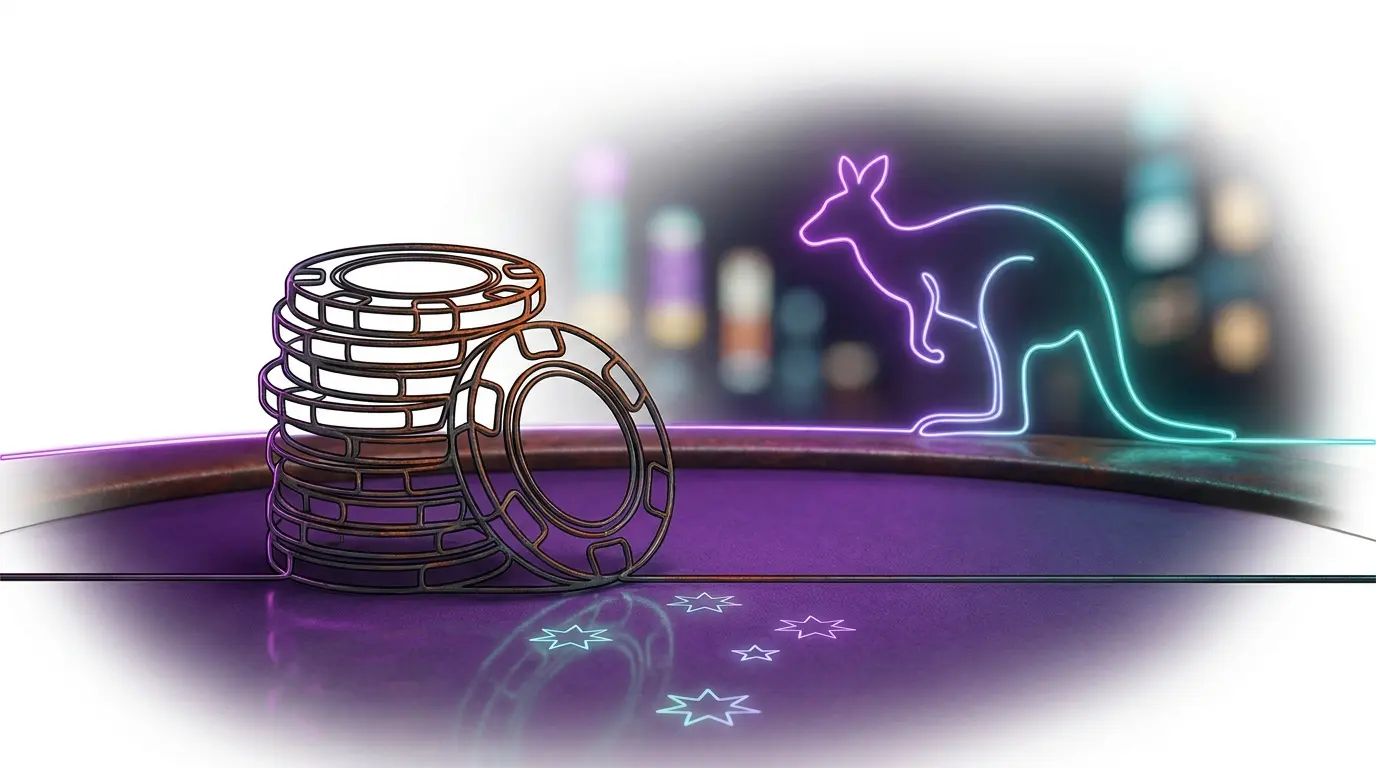Casino chips with purple lighting and Australian cultural elements
