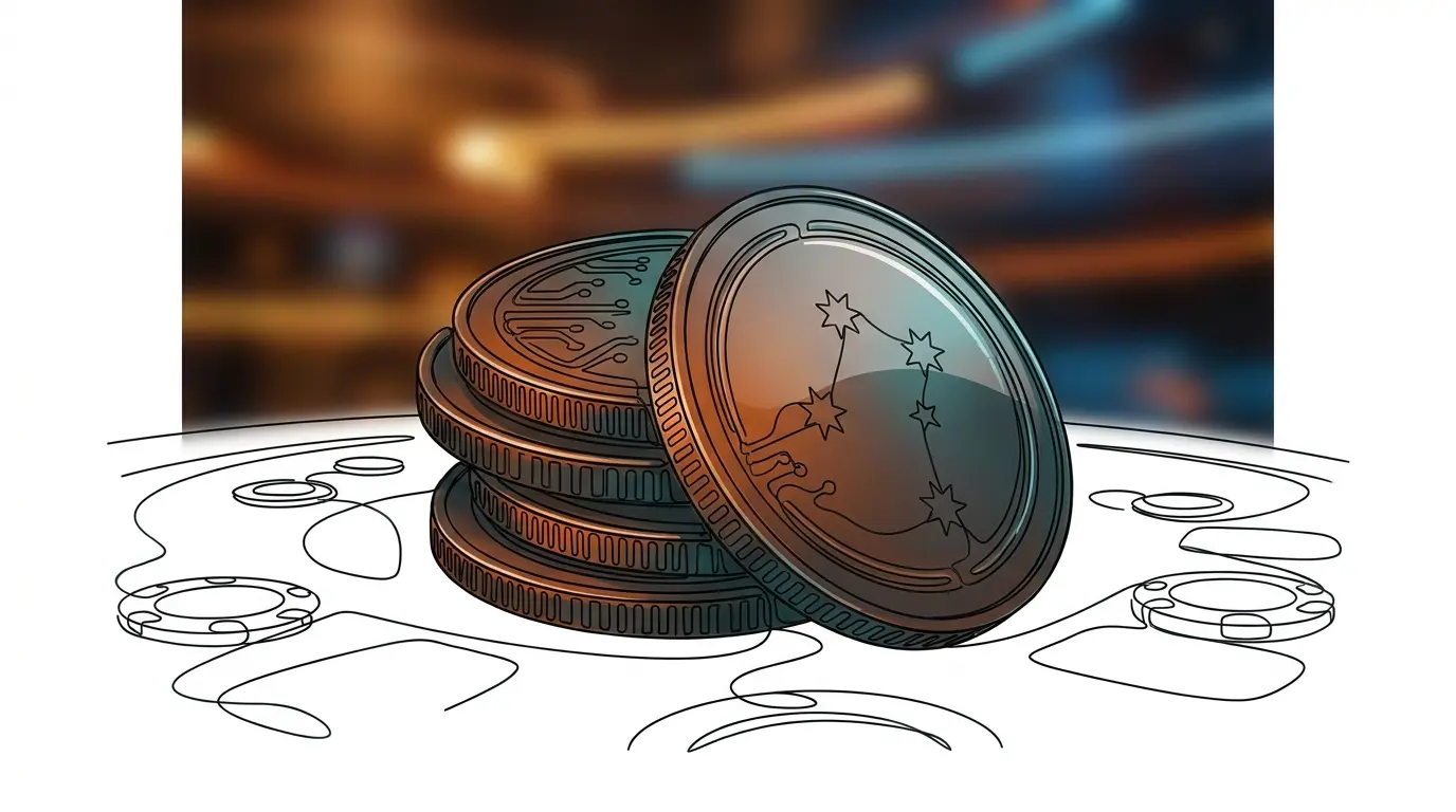 Digital coins and poker chips on casino table with Australian theme