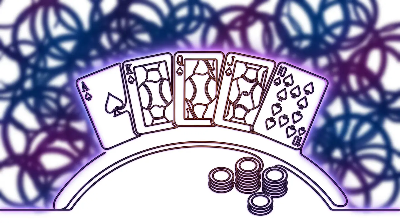 Video poker cards and chips on casino felt with dramatic lighting