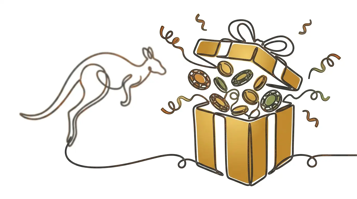 Gift box overflowing with casino chips and Australian themed elements